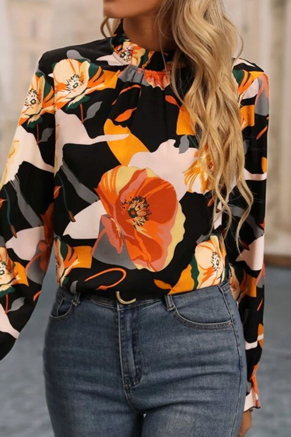 Honeybee Mumford's Floral Mock Neck Flounce Sleeve Blouse