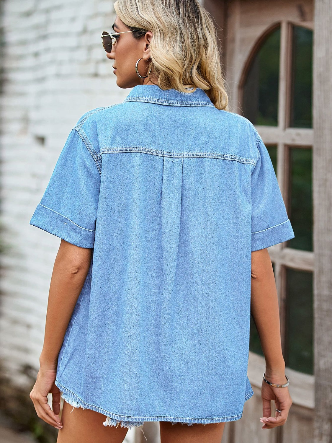 Honeybee Mumford's Pocketed Button Up Short Sleeve Denim Shirt