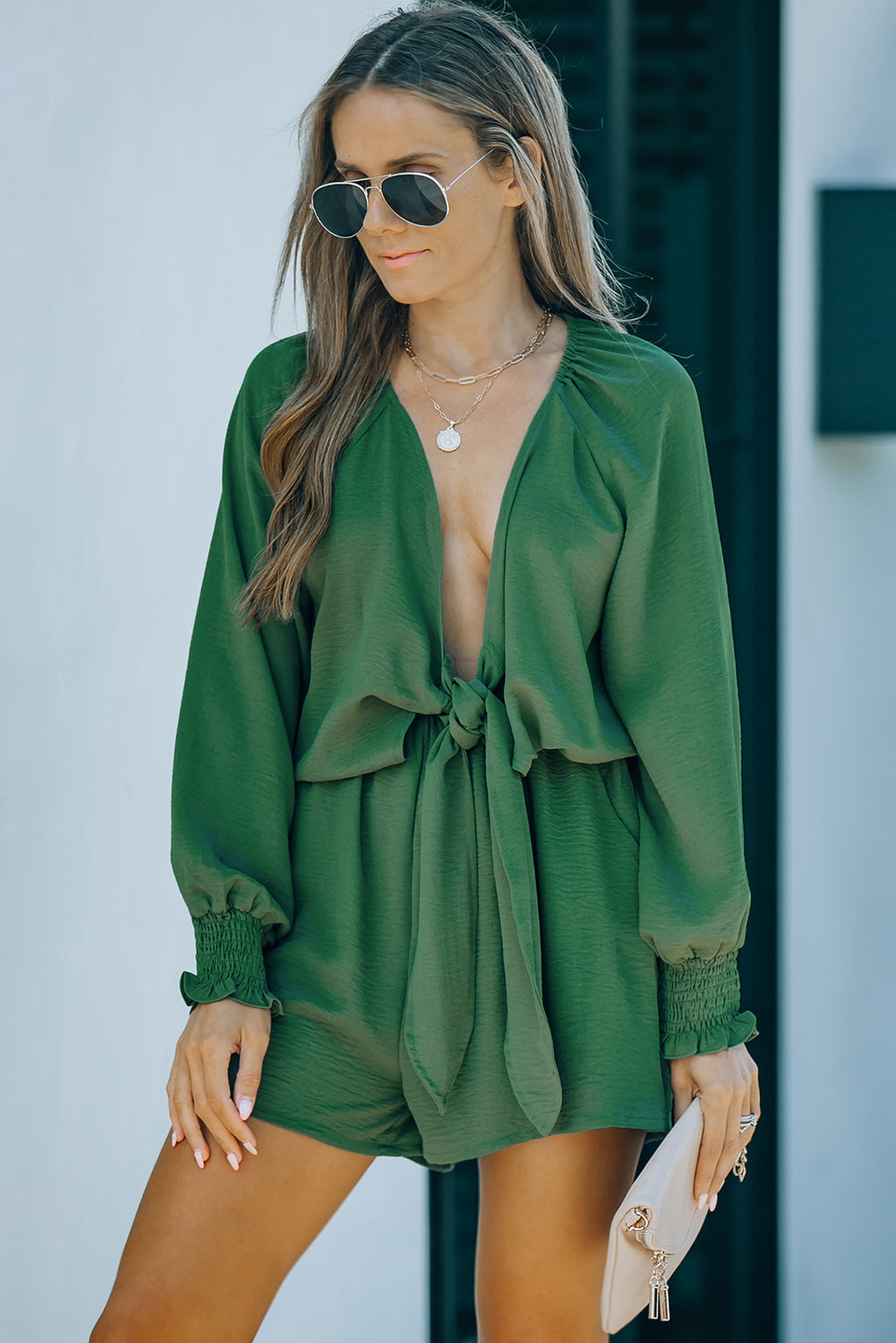 Honeybee Mumford's Green Tie Knot Puff Long Sleeve Romper