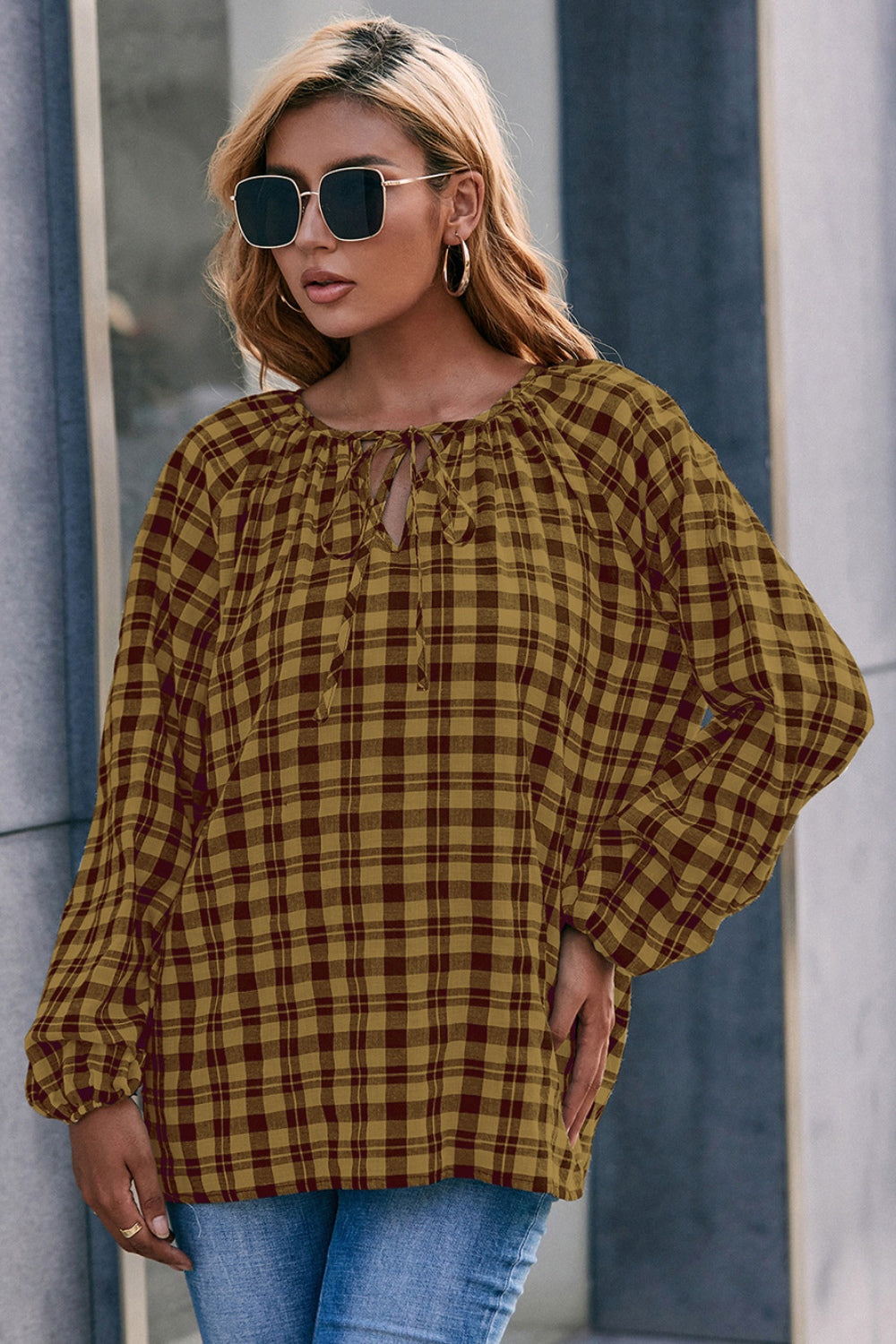 Honeybee Mumford's Plaid Tie Neck Balloon Sleeve Blouse