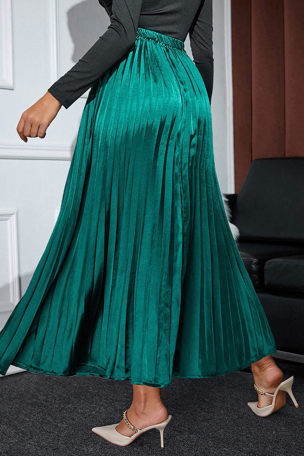 Honeybee Mumford's Blackish Green Satin Elastic Waist Pleated Maxi Skirt