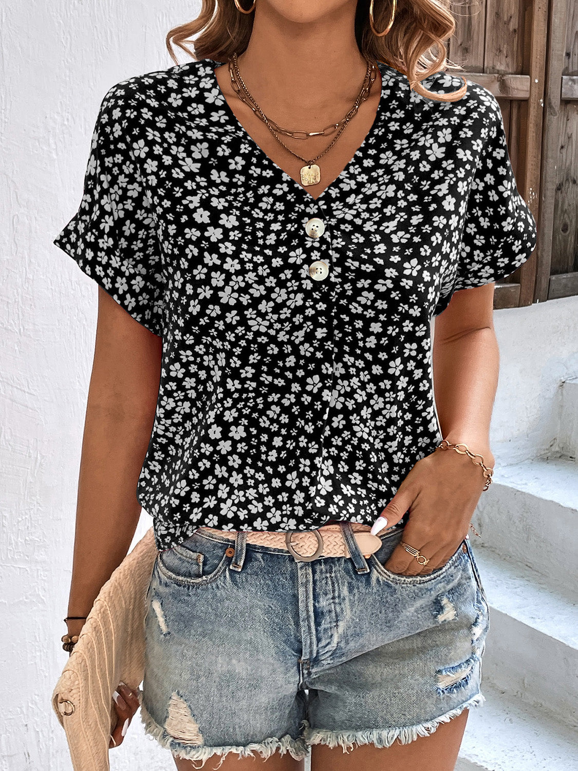 Honeybee Mumford's Printed V-Neck Short Sleeve Blouse