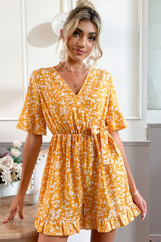 Honeybee Mumford's Printed Surplice Neck Ruffled Romper