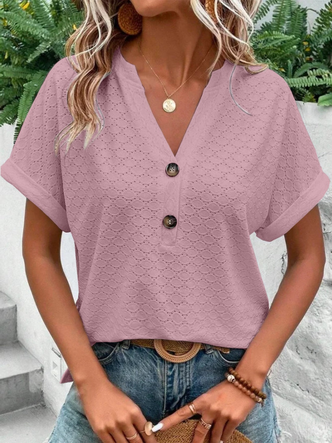 Honeybee Mumford's Eyelet Notched Short Sleeve Blouse