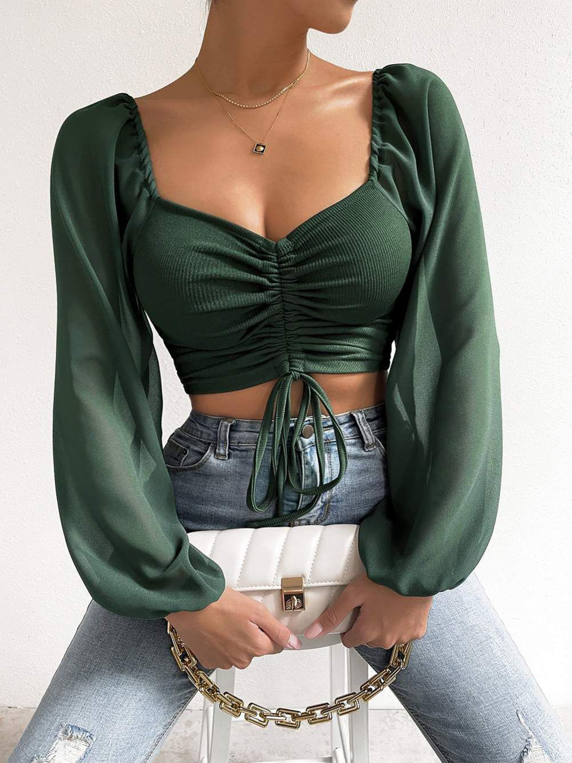 Honeybee Mumford's Drawstring Sweetheart Neck Cropped Top