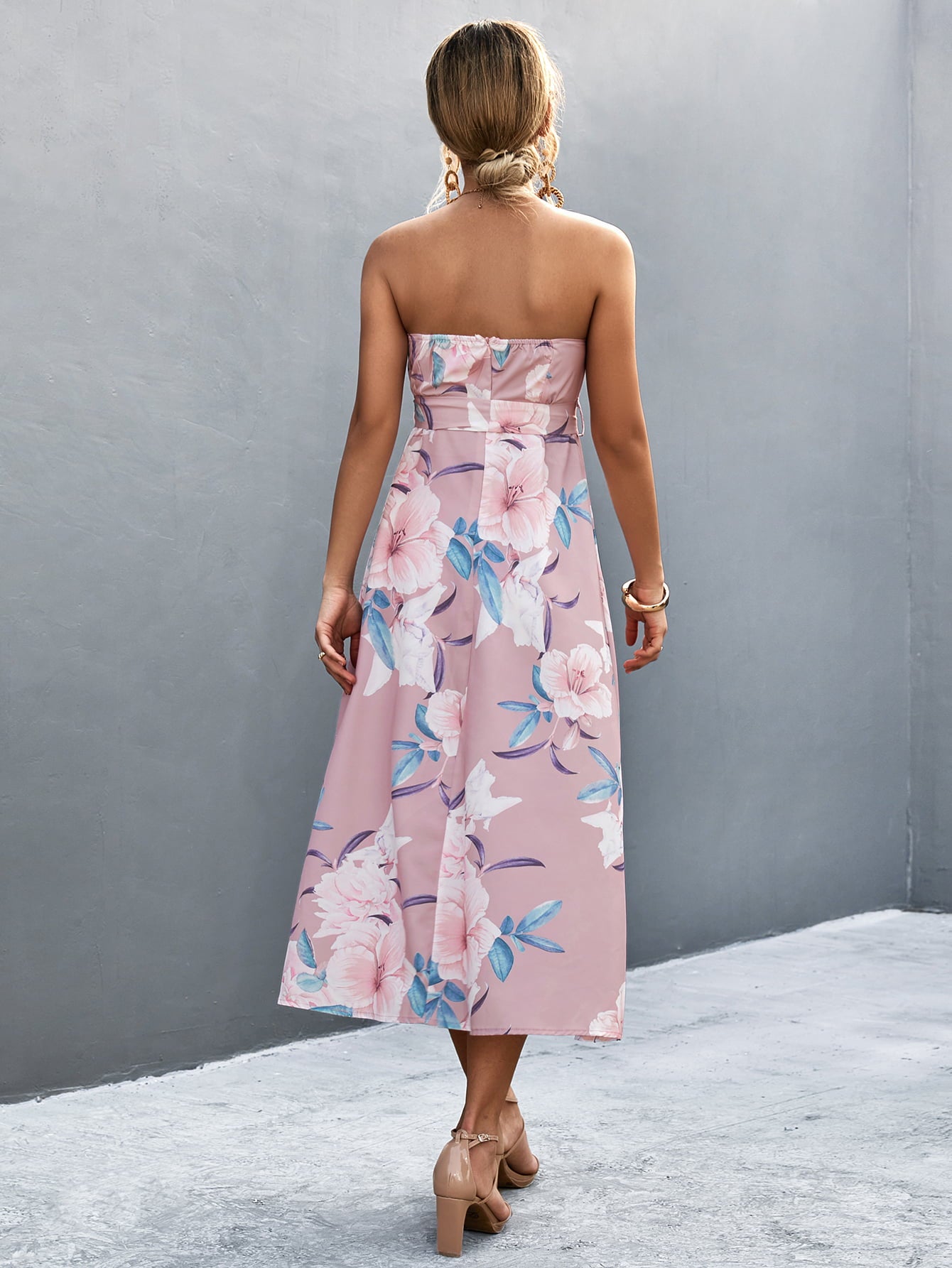 Honeybee Mumford's Floral Print Tie Waist Straight Neck Midi Dress