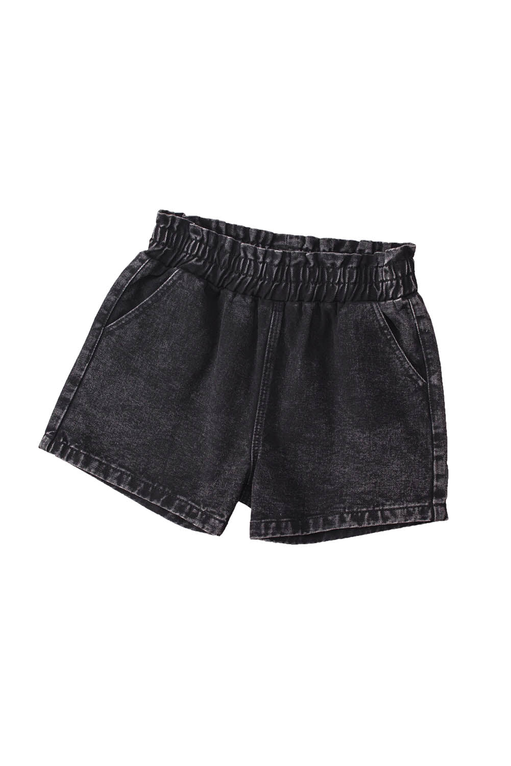 Honeybee Mumford's Black Retro Bleach-washed Ruffled Elastic High Waist Denim Shorts