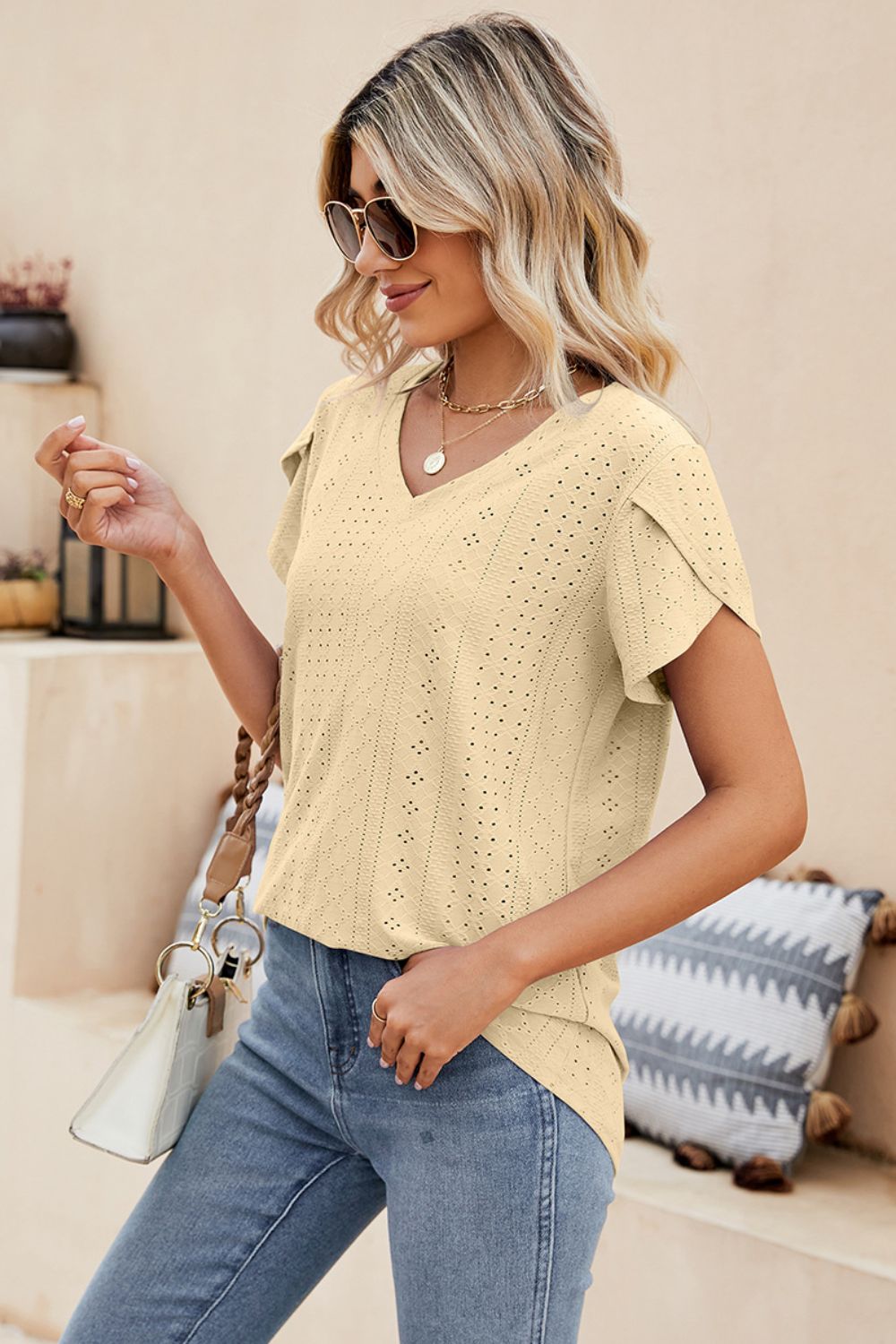 Honeybee Mumford's Eyelet Petal Sleeve V-Neck Knit Top