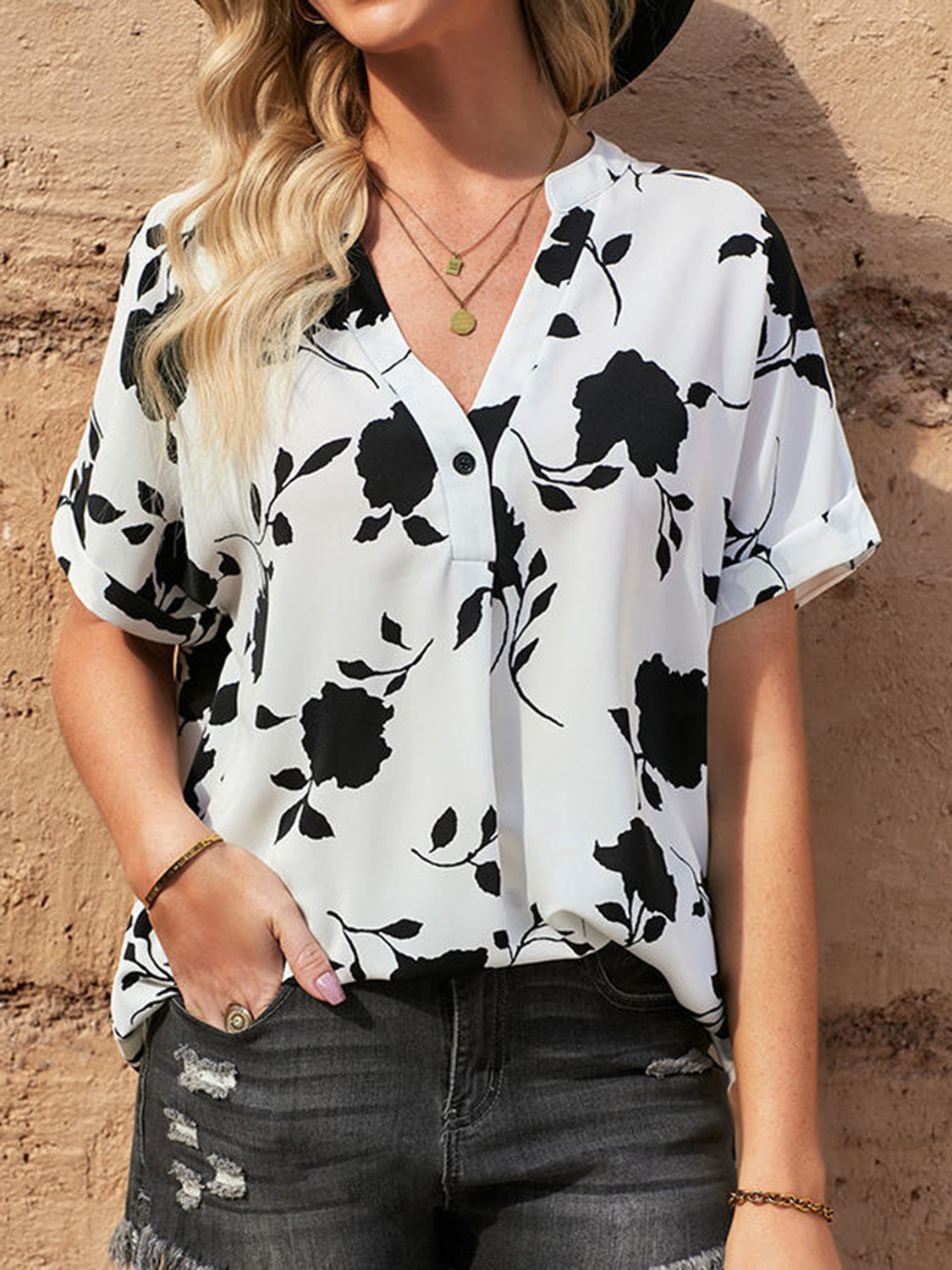 Honeybee Mumford's Printed Notched Short Sleeve Blouse