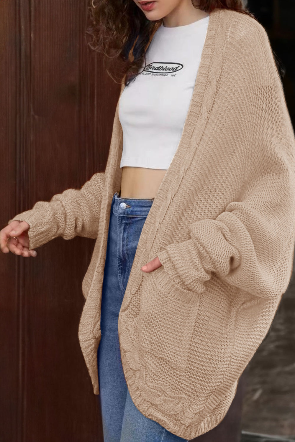 Honeybee Mumford's Cable-Knit Open Front Cardigan with Pockets