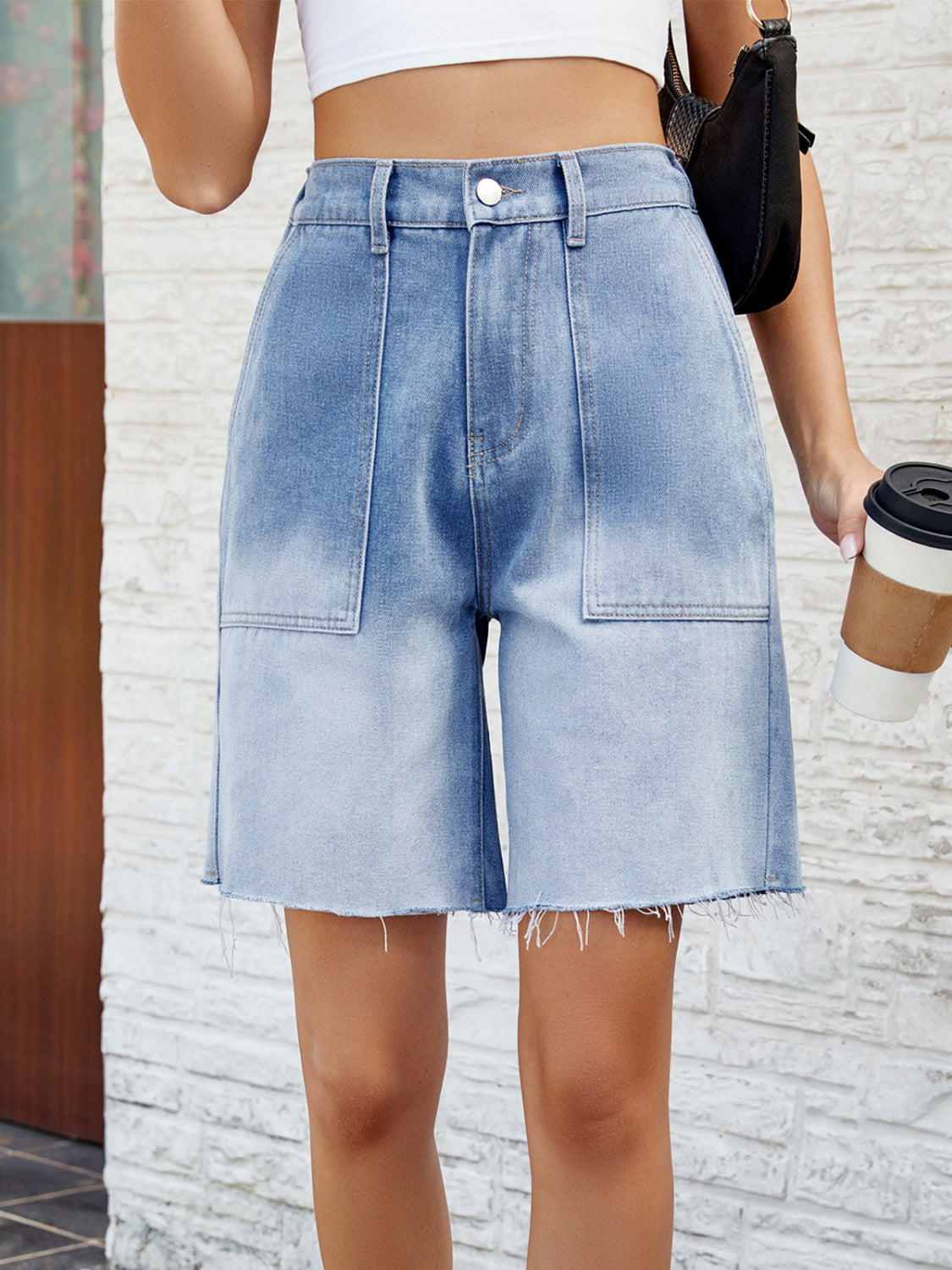 Honeybee Mumford's Buttoned Raw Hem Denim Shorts with Pockets