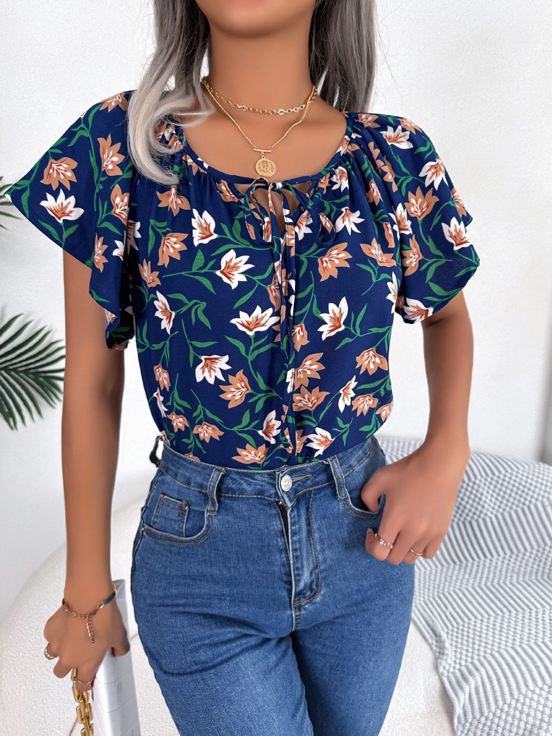 Honeybee Mumford's Floral Tie Neck Flutter Sleeve Blouse