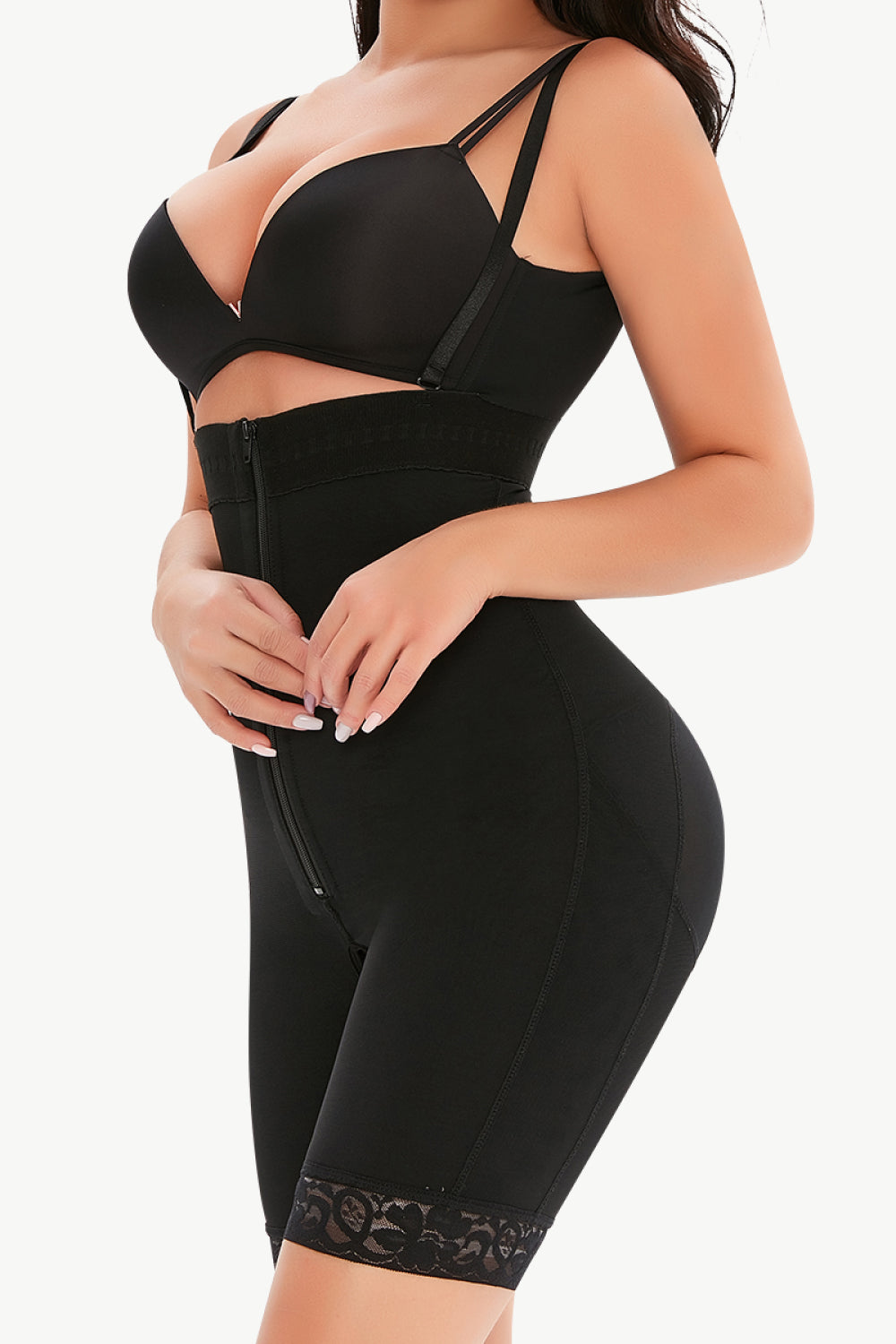 Honeybee Mumford's Full Size Lace Detail Zip-Up Under-Bust Shaping Bodysuit