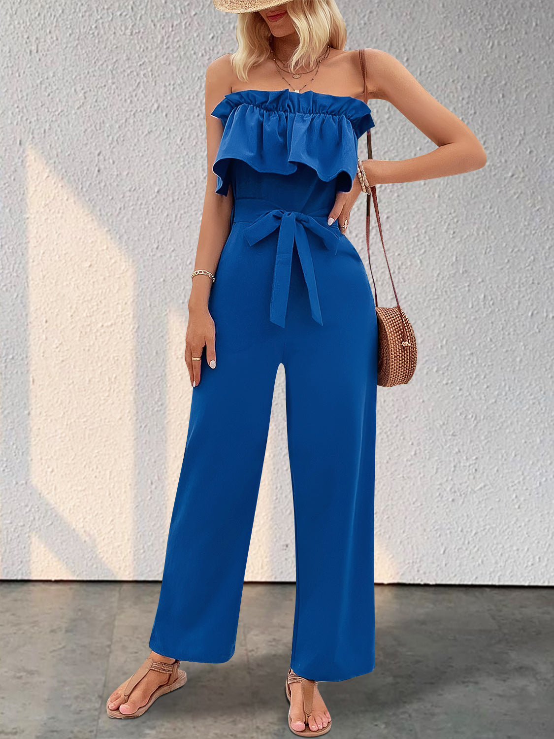 Honeybee Mumford's Ruffled Tie Waist Tube Jumpsuit