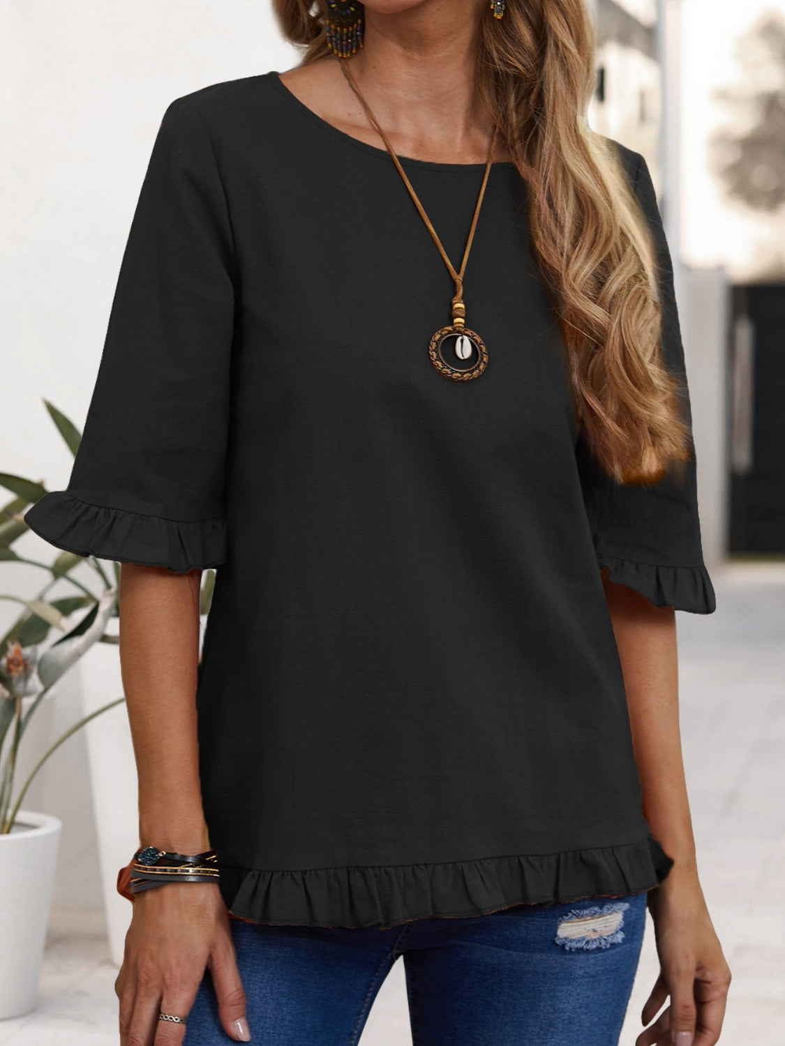 Honeybee Mumford's Ruffled Round Neck Half Sleeve Blouse