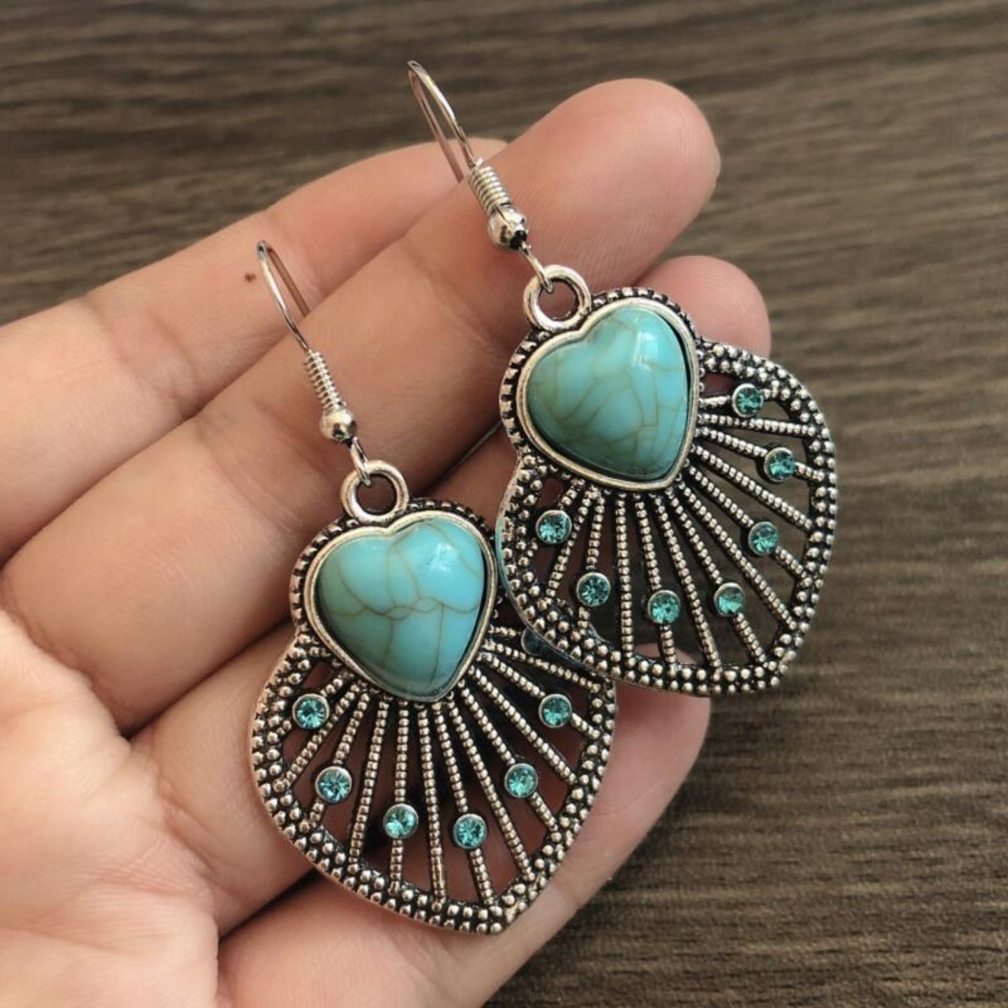 honeybee Mumford's Turquoise Rhinestone Heart and Leaf Shape Earrings