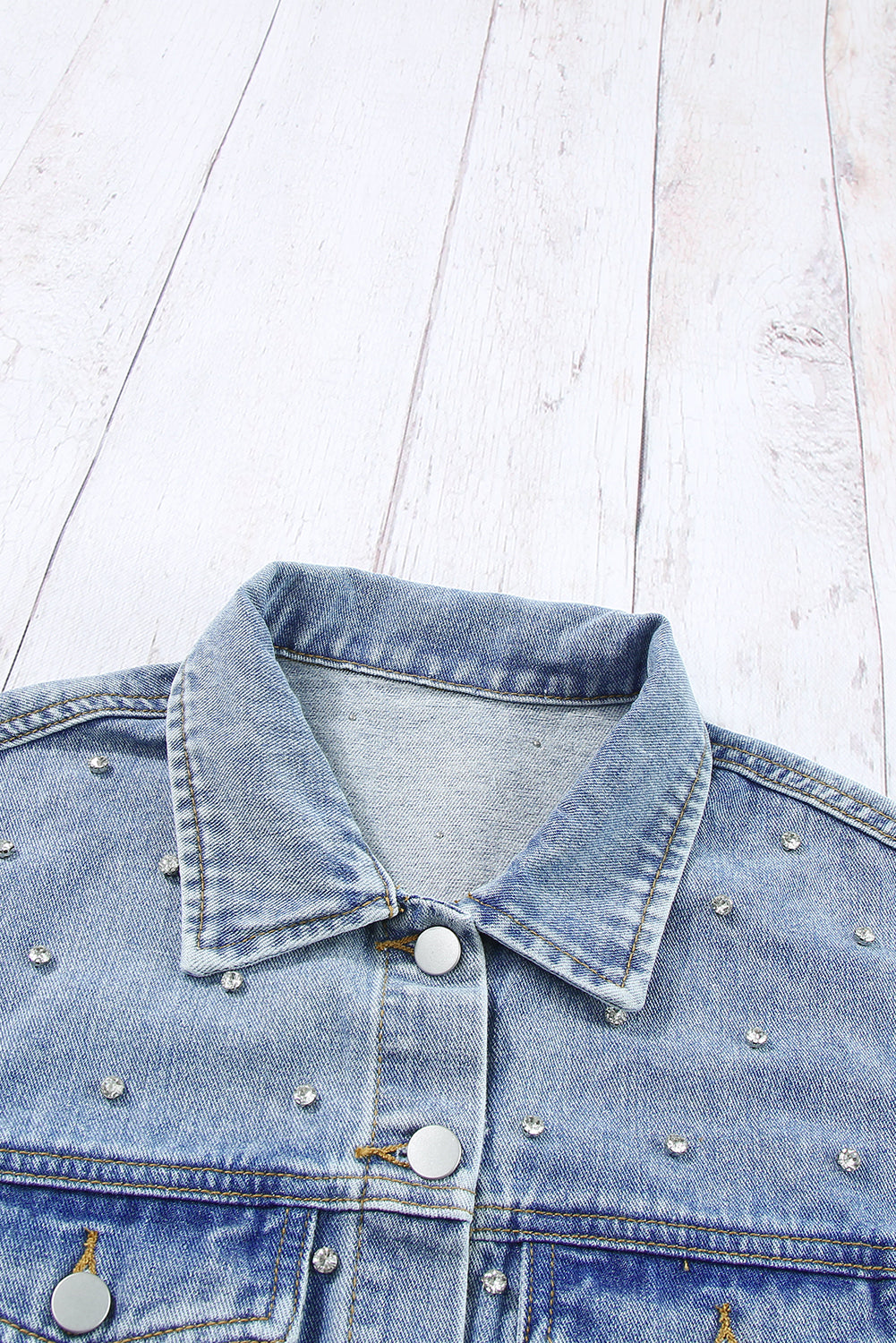 Honeybee Mumford's Mist Blue Rhinestones Studded Denim Jacket