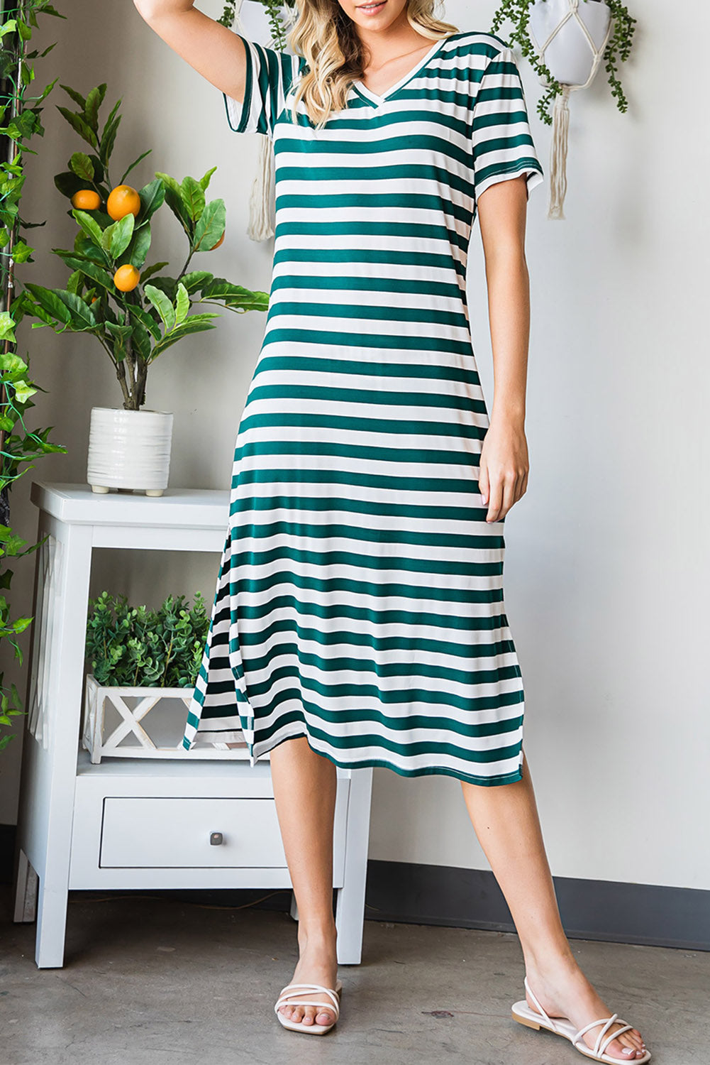 Honeybee Mumford's Striped V-Neck Short Sleeve Side Slit Dress