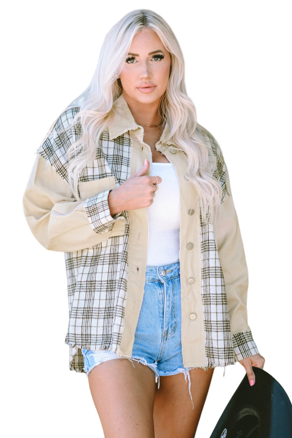 Honeybee Mumford's Khaki Distressed Raw Edge Plaid Patchwork Denim Jacket