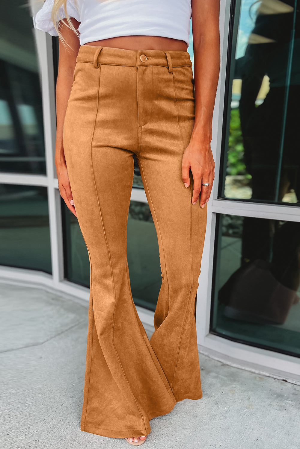 Honeybee Mumford's Brown Exposed Seam Flare Suede Pants with Pockets