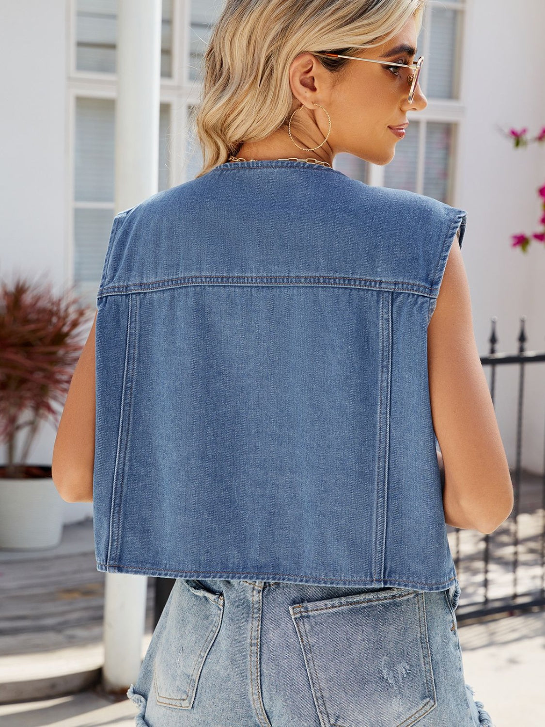 Honeybee Mumford's Pocketed Button Up Sleeveless Denim Jacket