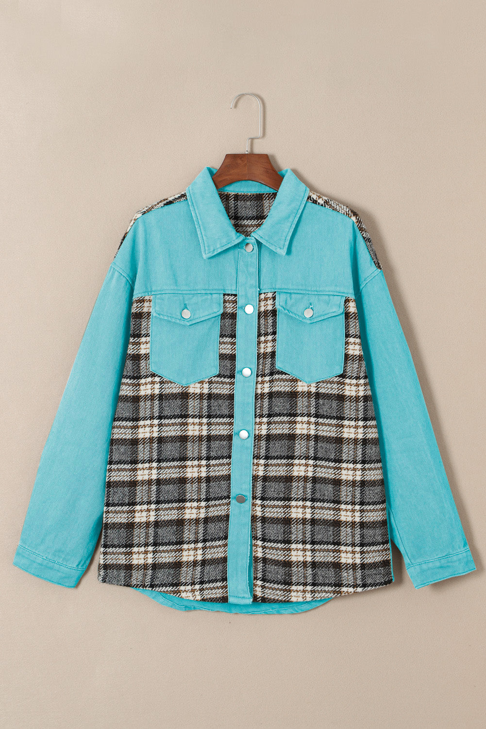 Honeybee Mumford's Sky Blue Plaid Patchwork Pockets Denim Jacket