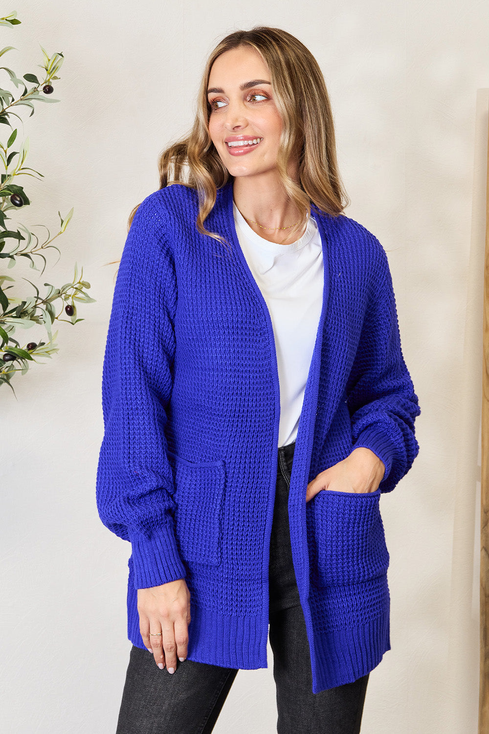 Honeybee Mumford's Full Size Waffle-Knit Open Front Cardigan