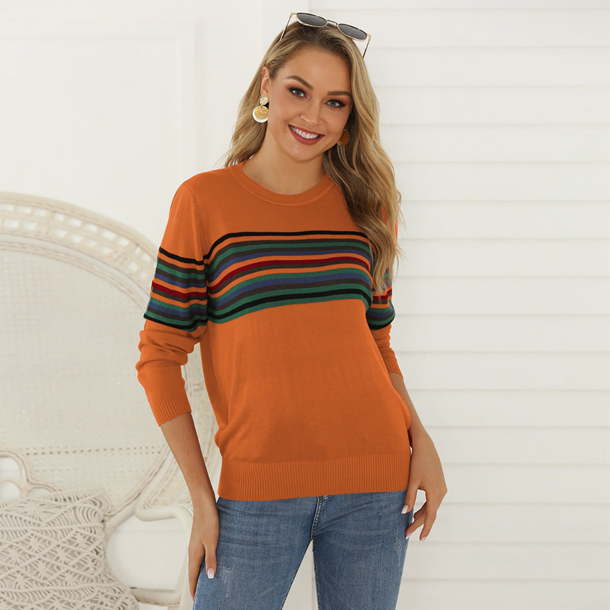 Honeybee Mumford's Striped Round Neck Long Sleeve Sweater