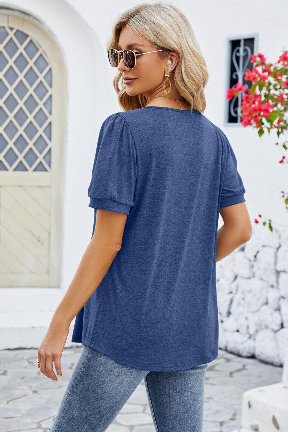 Honeybee Mumford's Ruched Scoop Neck Short Sleeve Blouse