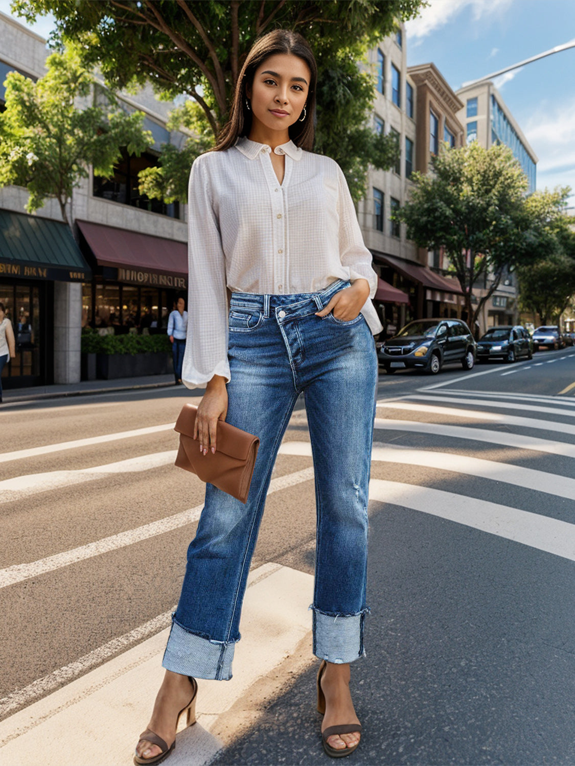 Honeybee Mumford's Stepped Waist Raw Hem Rolled Straight Jeans