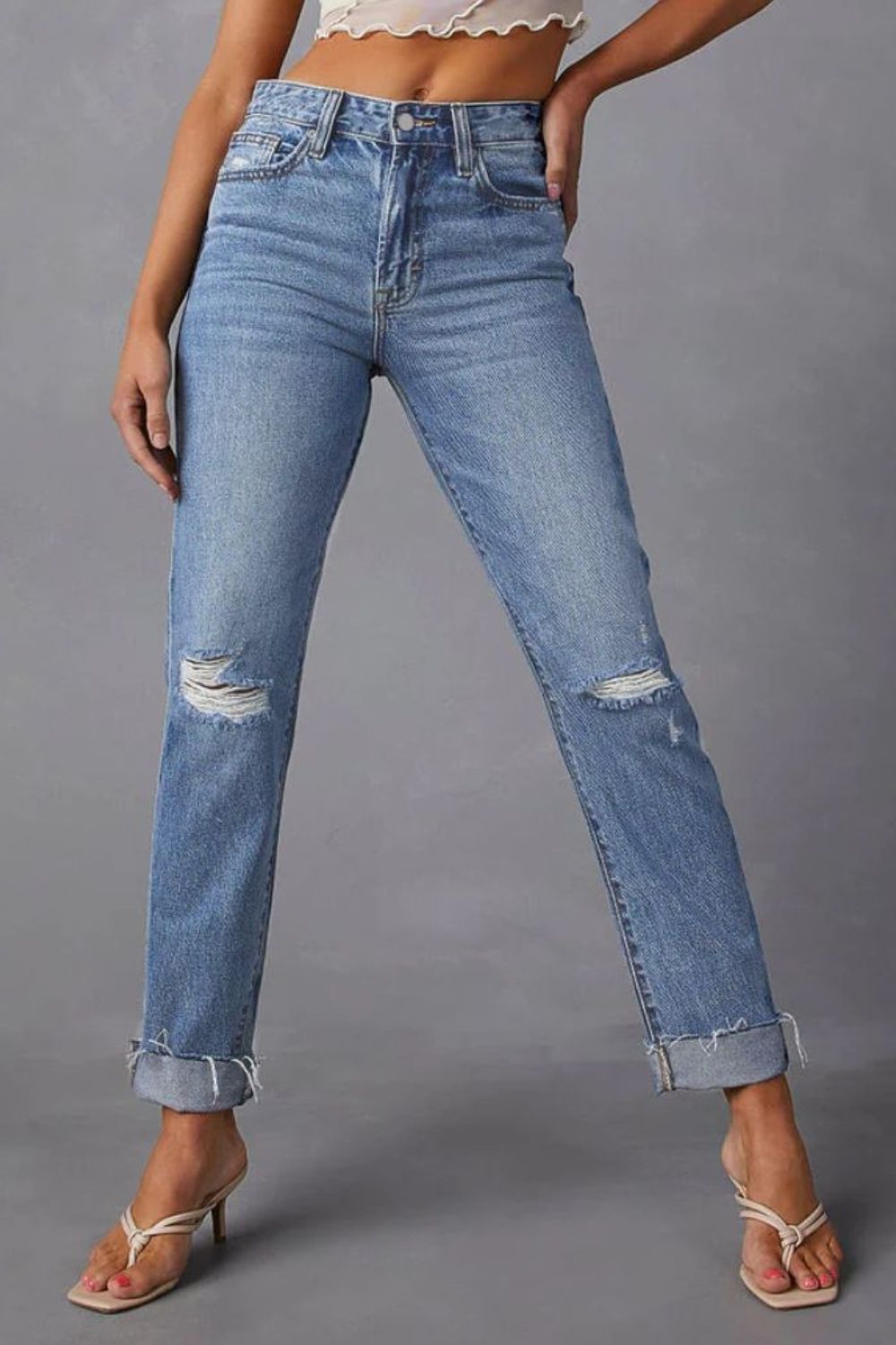 Honeybee Mumford's Distressed Raw Hem Straight Jeans with Pockets