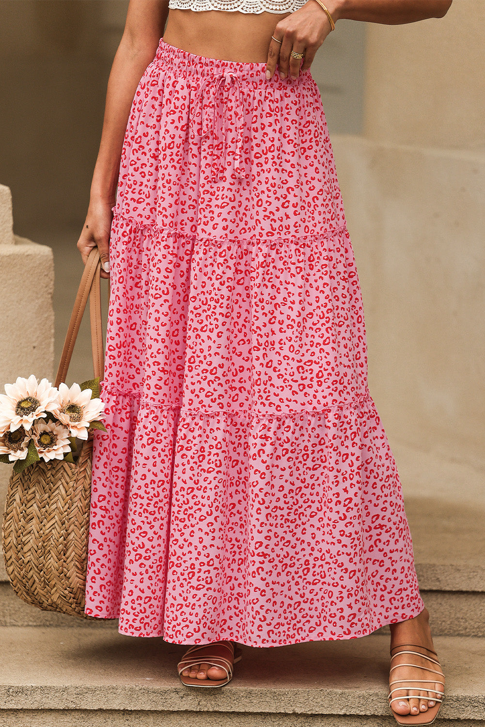 Honeybee Mumford's Pink Leopard Print Frilled Drawstring High Waist Maxi Skirt