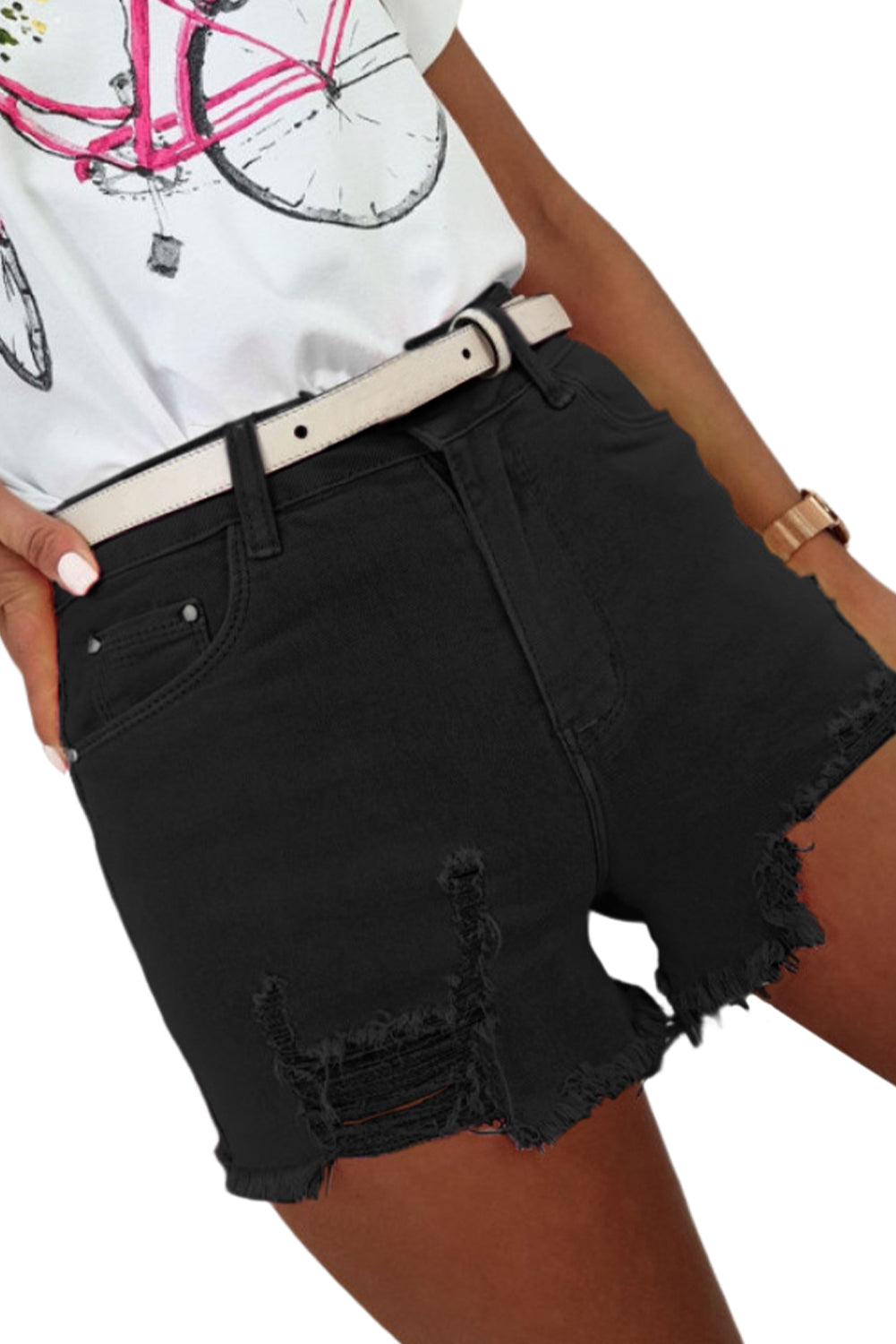 Honeybee Mumford's Black Solid Color Distressed Denim Shorts