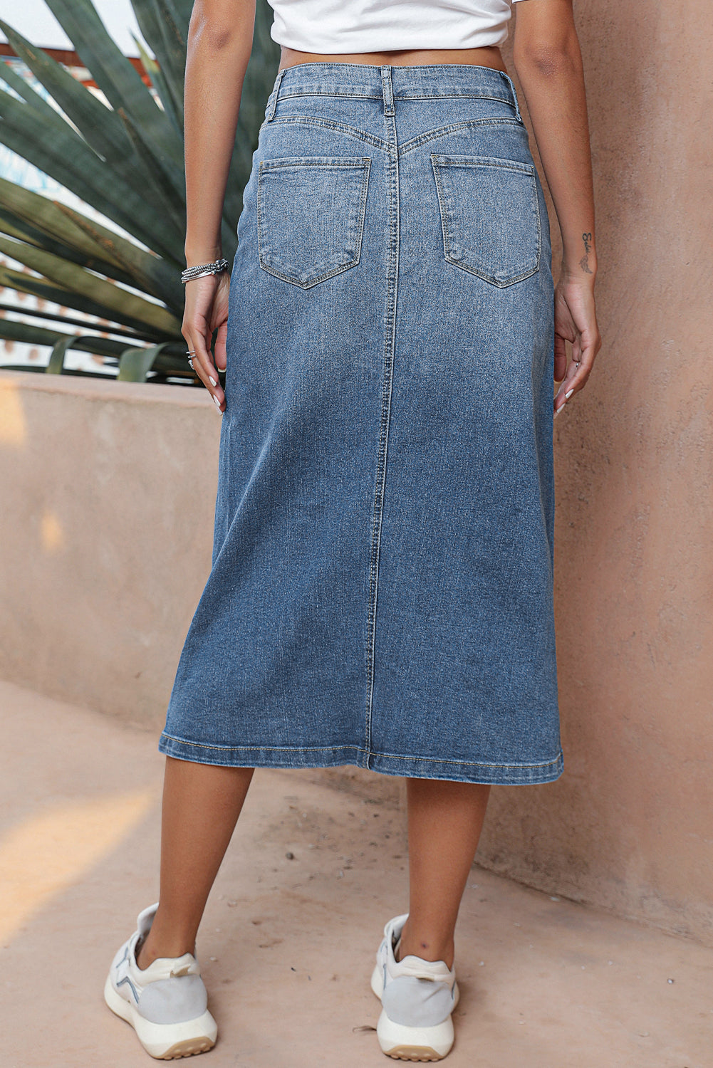 Honeybee Mumford's Sky Blue 4 Patch Pockets Front Slit Midi Denim Skirt