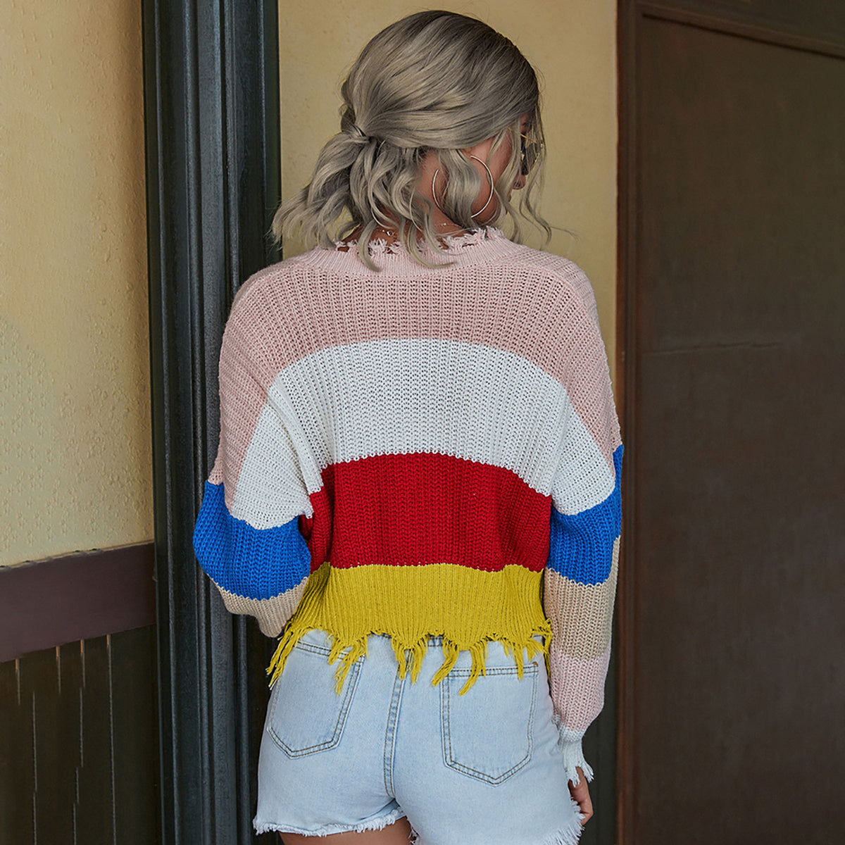 Honeybee Mumford's Color Block Frayed Hem Long Sleeve Sweater