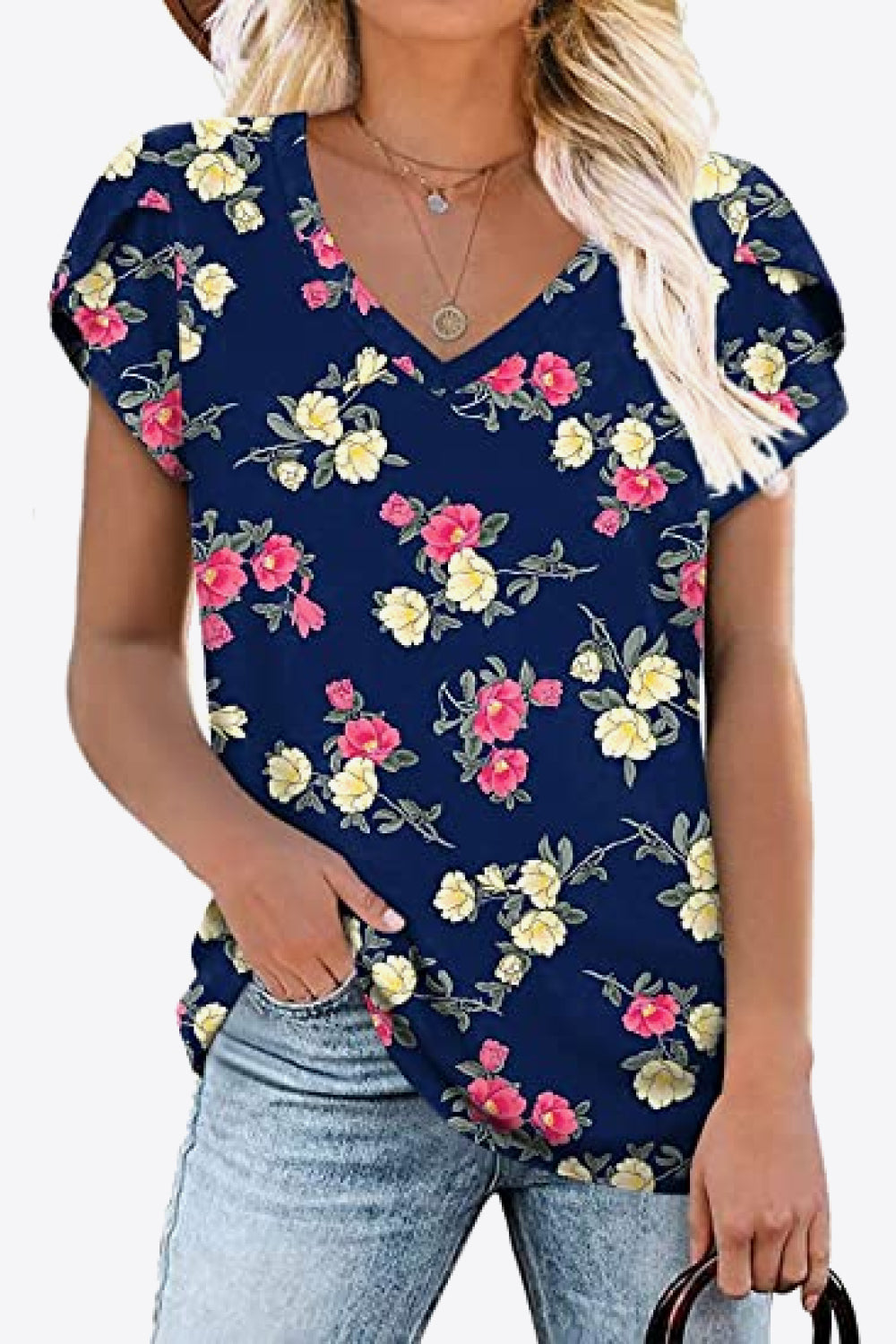 Honeybee Mumford's Printed Petal Sleeve V-Neck Blouse