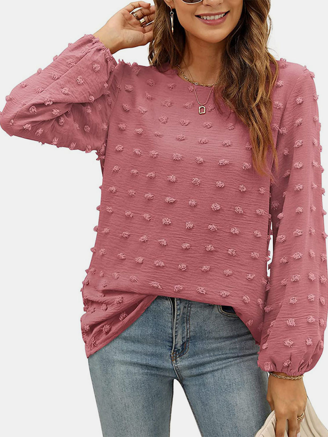 Honeybee Mumford's Swiss Dot Round Neck Long Sleeve Blouse