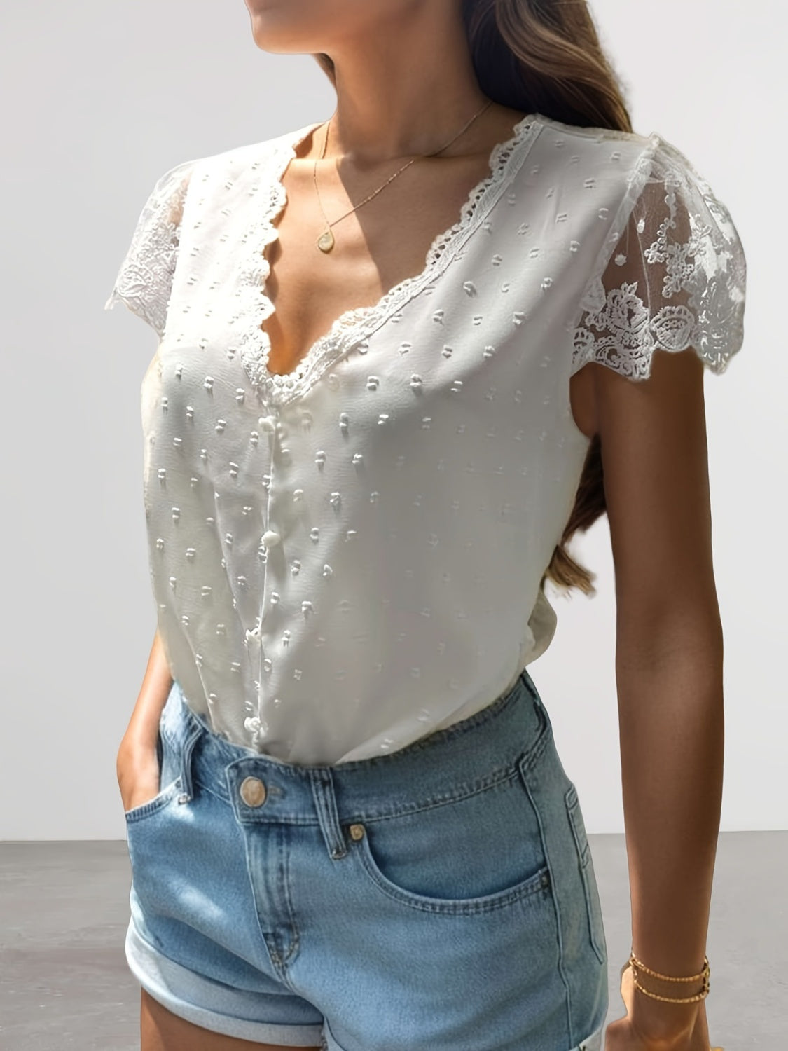 Honeybee Mumford's Swiss Dot Lace Detail V-Neck Cap Sleeve Blouse