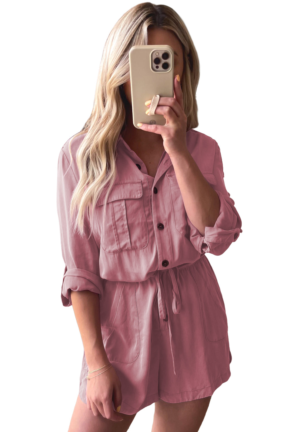 Honeybee Mumford's Pink Roll up Sleeve Flap Pockets Drawstring Playsuit