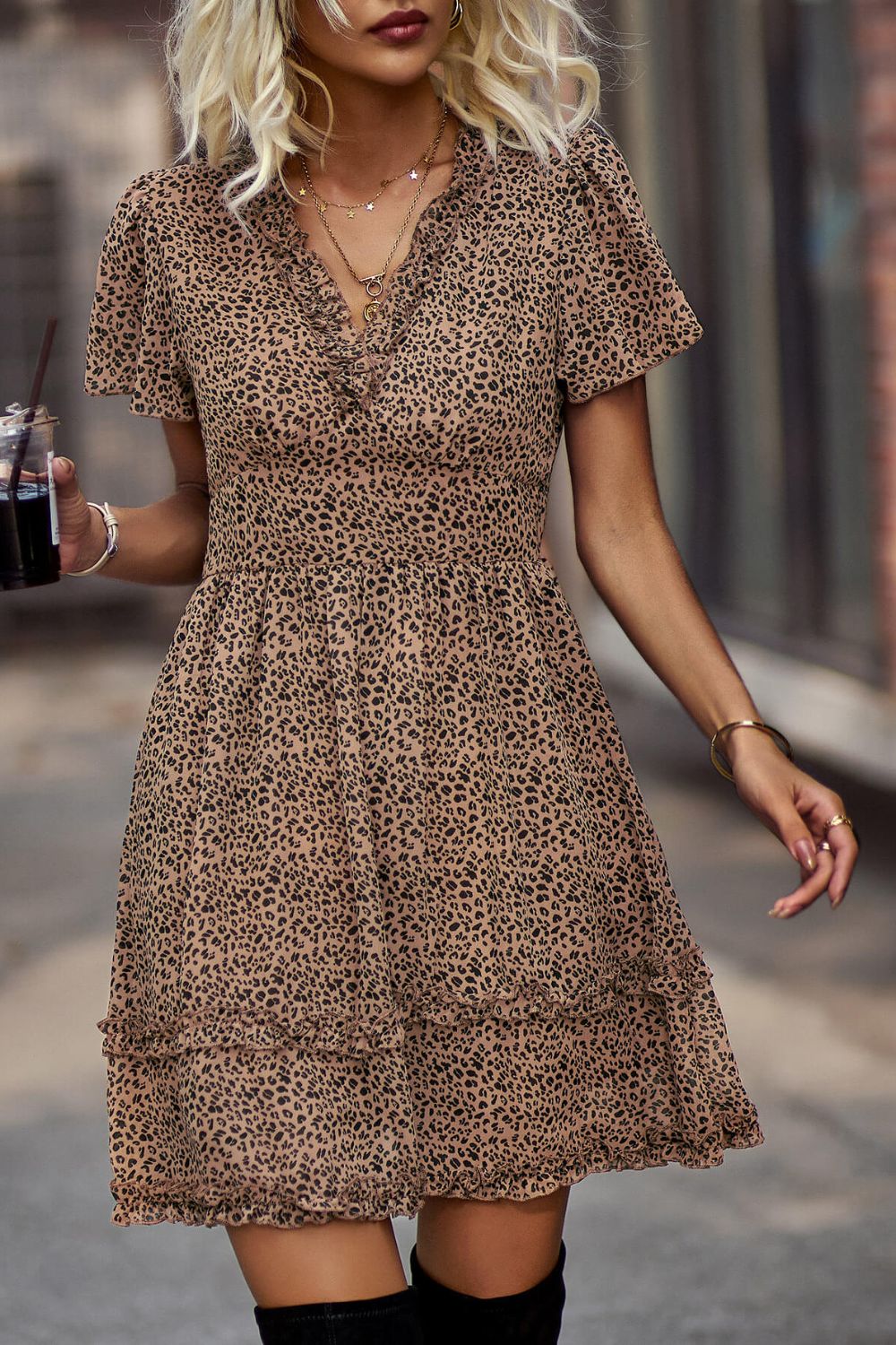 Honeybee Mumford's Printed Flutter Sleeve V-Neck short Dress