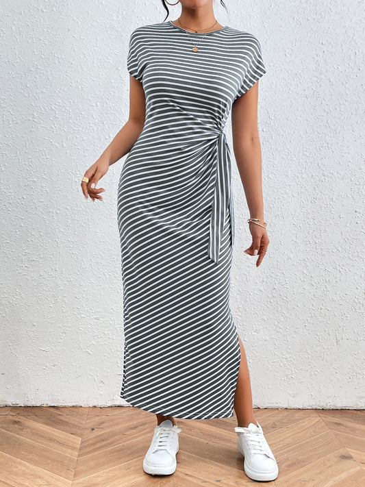 Honeybee Mumford's Tied Striped Round Neck Short Sleeve Tee maxi Dress