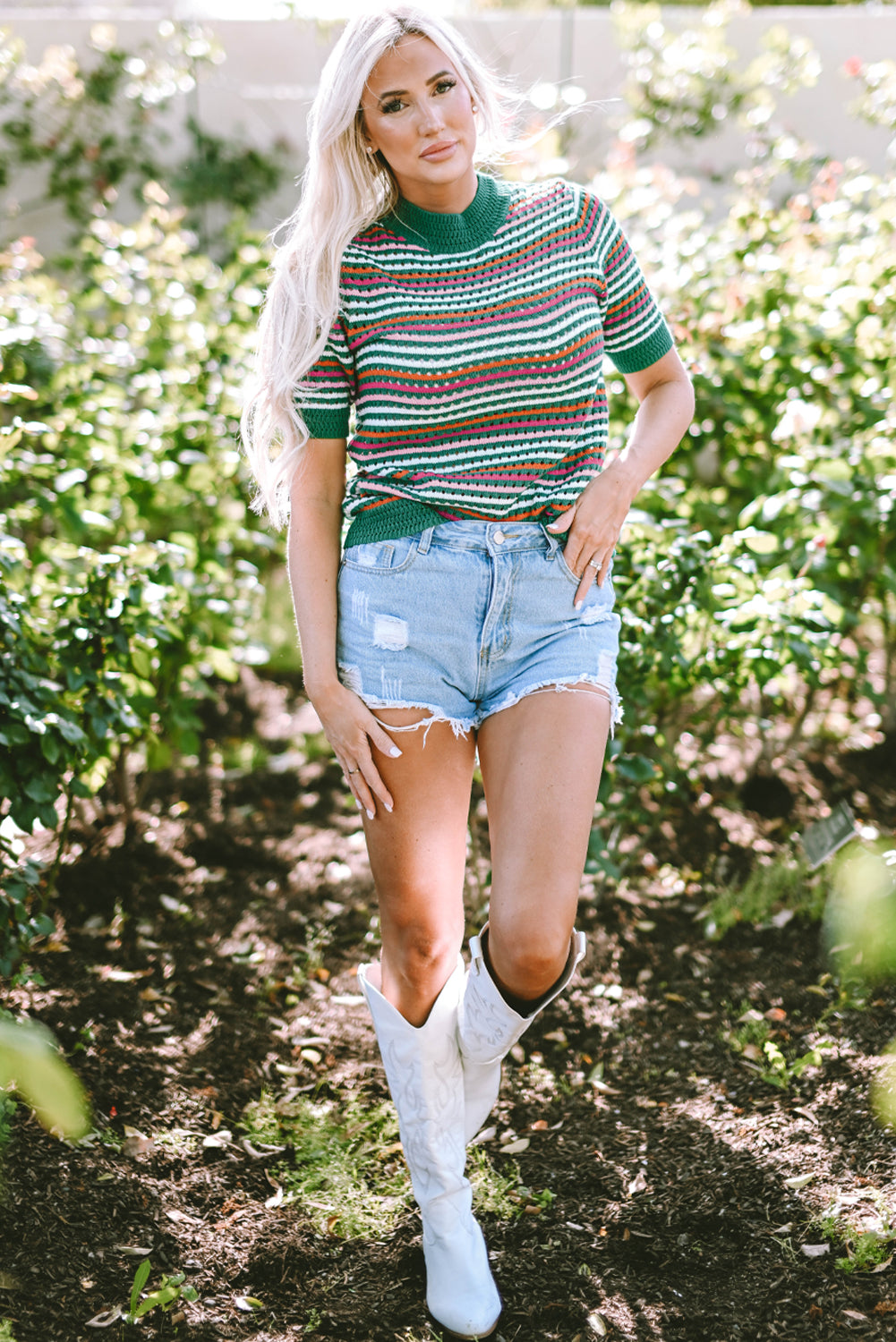 Honeybee Mumford's Dark Green Striped Pattern Contrast Trim Pointelle Knit T Shirt