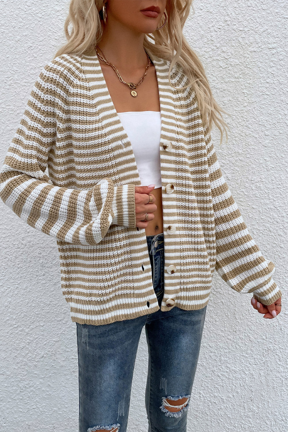 Honeybee Mumford's Striped V-Neck Button-Down Cardigan