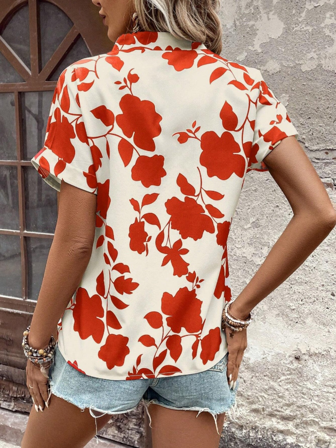 Honeybee Mumford's Flower Notched Short Sleeve Blouse