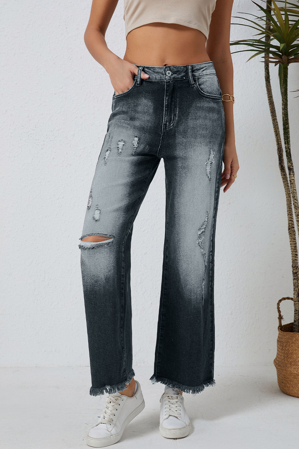 Honeybee Mumford's Gray Vintage Distressed Wide Leg Jeans