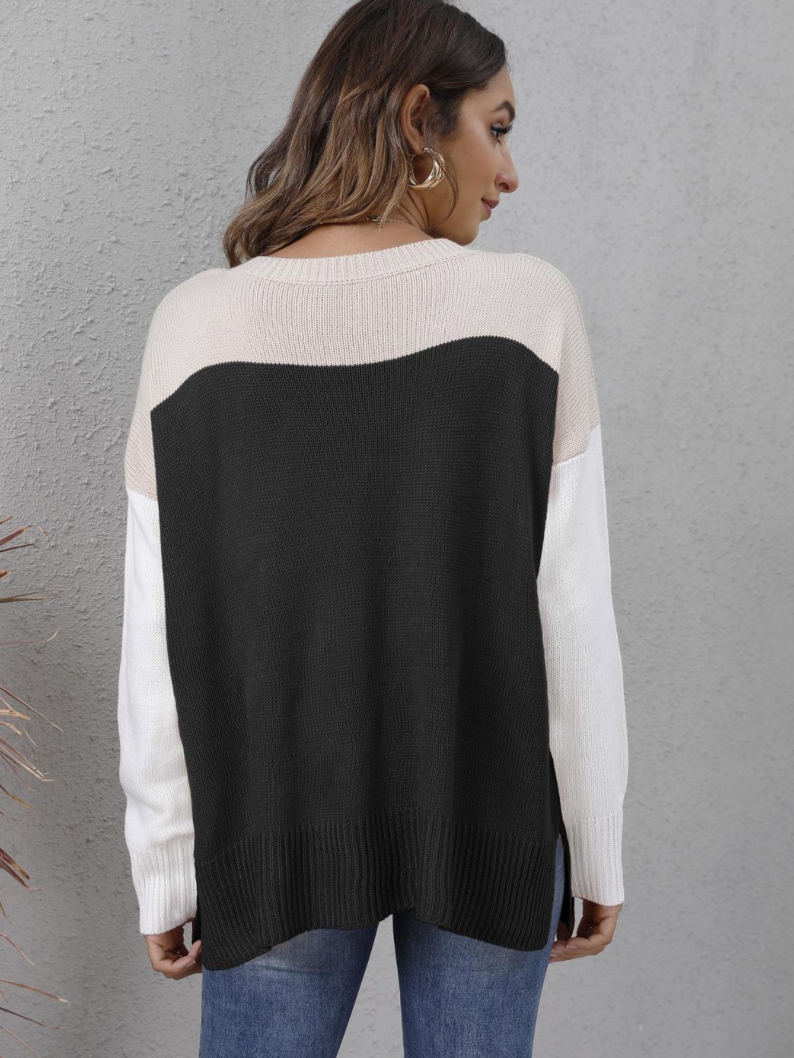 Honeybee Mumford's Color Block Round Neck Dropped Shoulder Sweater