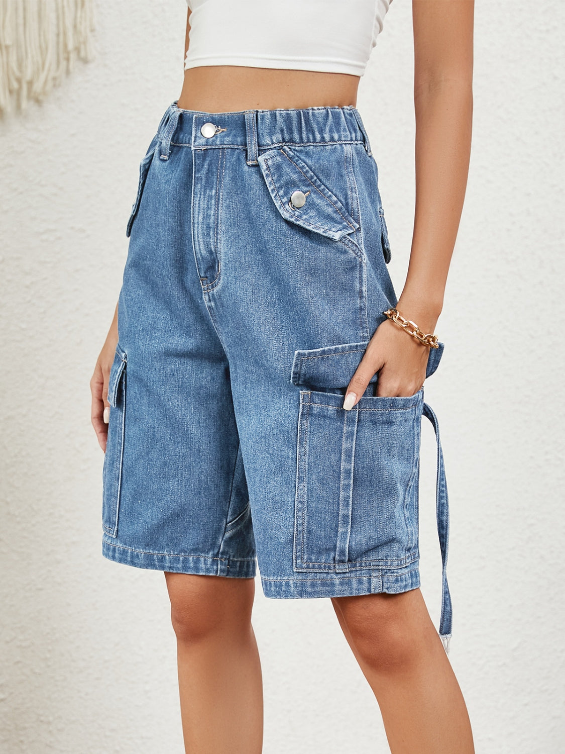 Honeybee Mumford's Buttoned Elastic Waist Denim Shorts with Pockets