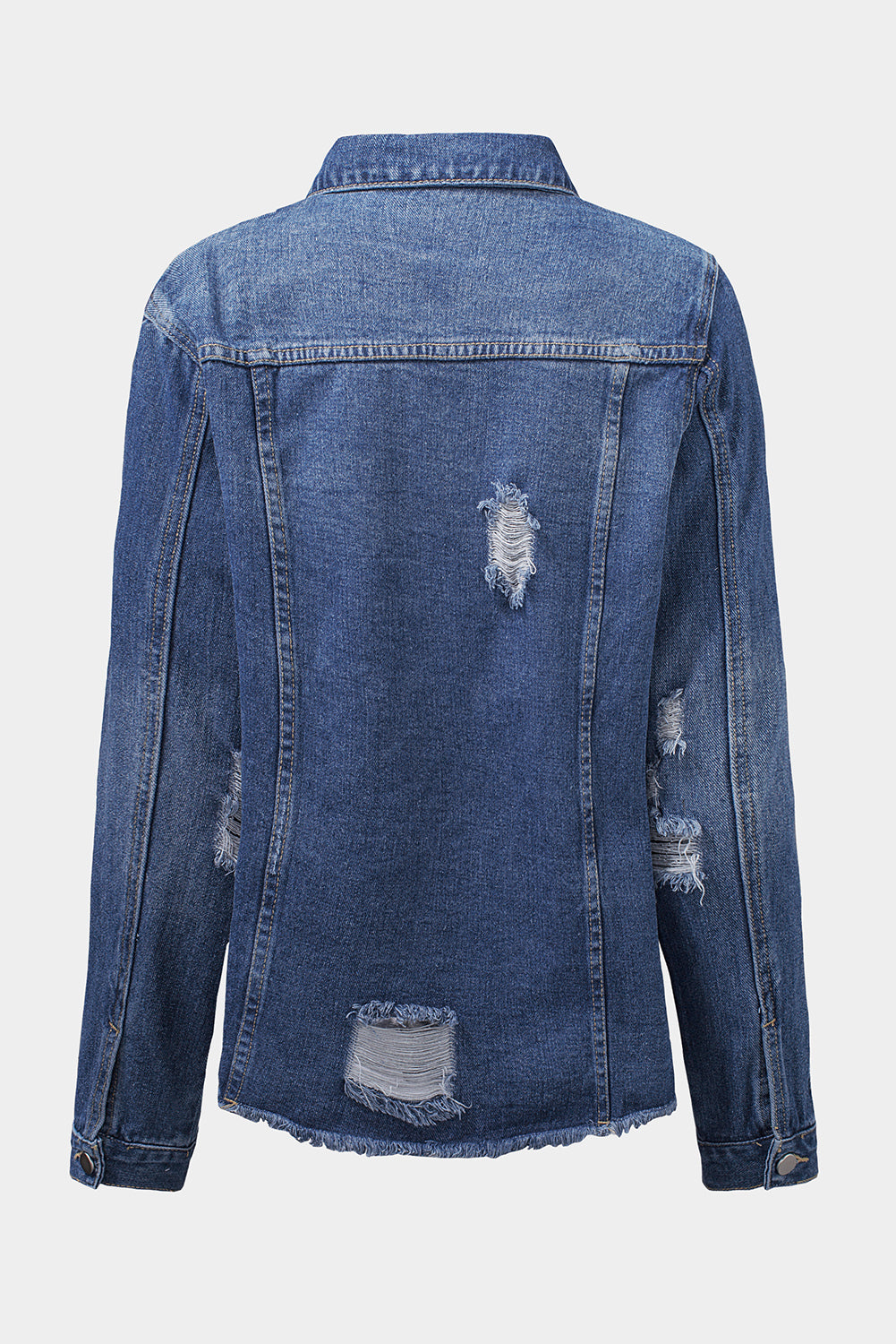 Honeybee Mumford's Blue Lapel Distressed Raw Hem Buttons Denim Jacket