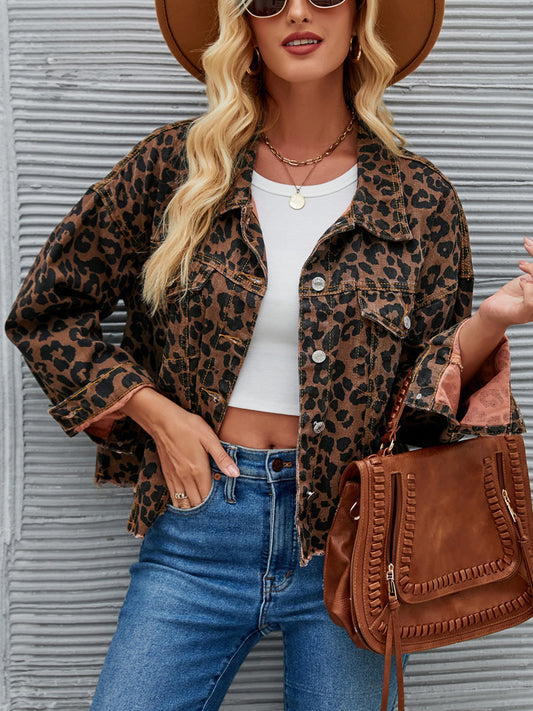 Honeybee Mumford's Leopard Button Up Dropped Shoulder Denim Jacket