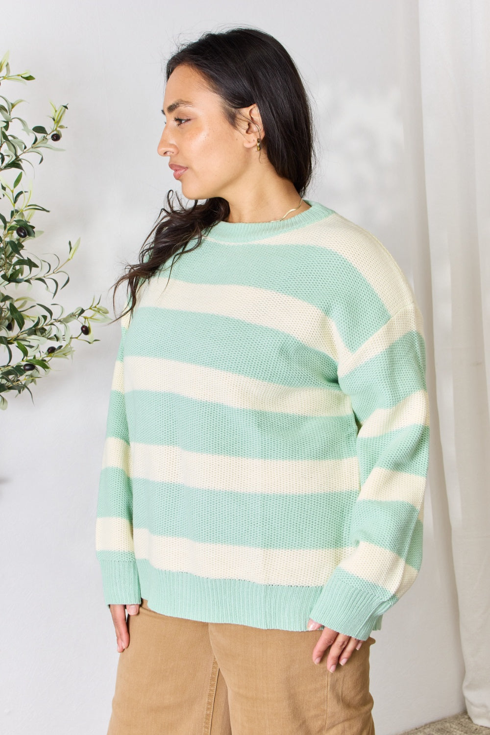 Honeybee Mumford's Sew In Love Full Size Contrast Striped Round Neck Sweater